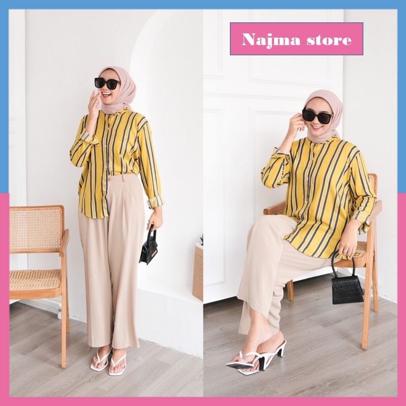 Áo sơ mi Cotton kẻ sọc cài nút phong cách Hồi giáo cho nữ