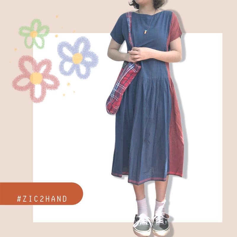 Đầm Xô xanh phối đỏ 2hand [Style Retro]