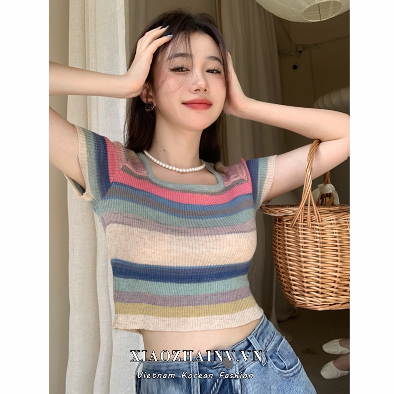 Xiaozhainv Áo Thun Dệt Kim Ngắn Tay Cổ Vuông Họa Tiết Kẻ Sọc Phong Cách retro Hàn Quốc Cho Nữ