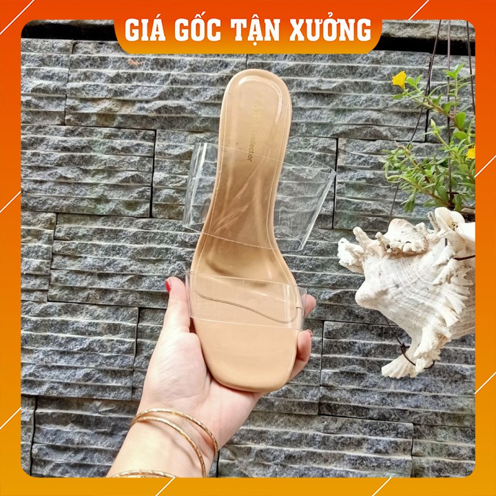 Guốc cao gót 2 quai trong suốt mũi vuông 9 phân