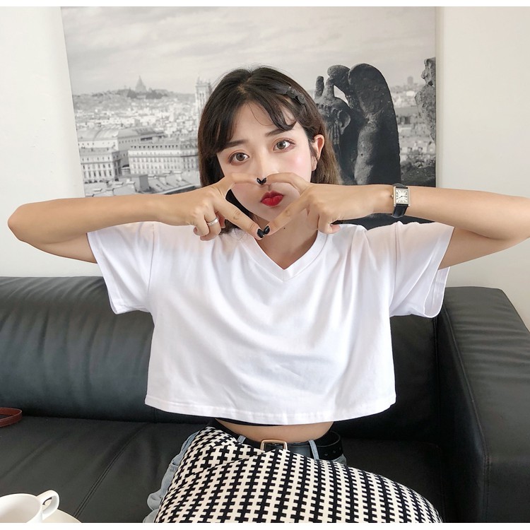 Áo thun croptop nu form rộng cổ tim🌟CROPTOP🌟 Áo Croptop Cổ V Tay Dài, Dáng Ôm Freesize 53kg Chất Thun Gân Co Giản TTA485