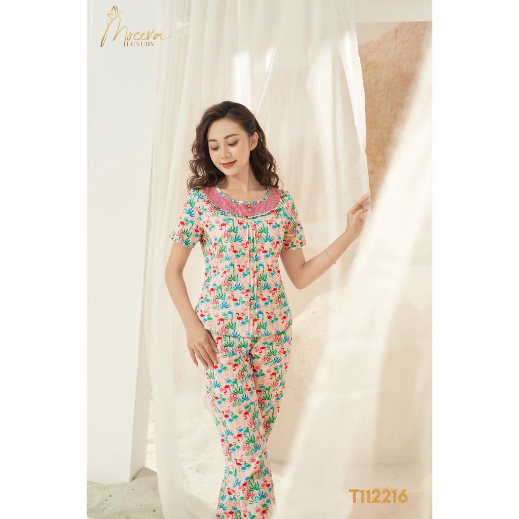 Bộ mặc nhà nữ chất thô Kate Hàn,áo tay ngắn quần dài mùa hè dòng cao cấp thô Kate Hàn Mộc Eva T112216
