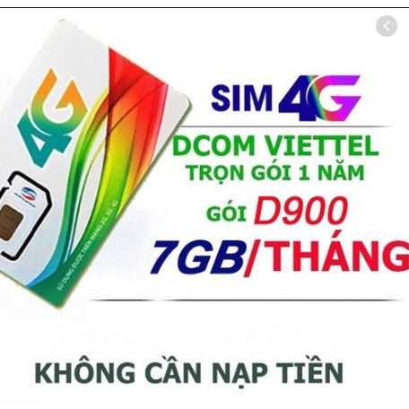 Sim 4G Viettel D900 - 7GB/TH - Miễn phí 12 tháng không cần nạp tiền.