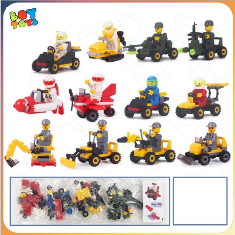 Bộ đồ chơi lắp ghép xếp hình mô hình xe cảnh sát, cứu hỏa, máy bay, tàu chiến quân sự giúp bé phát triển trí não