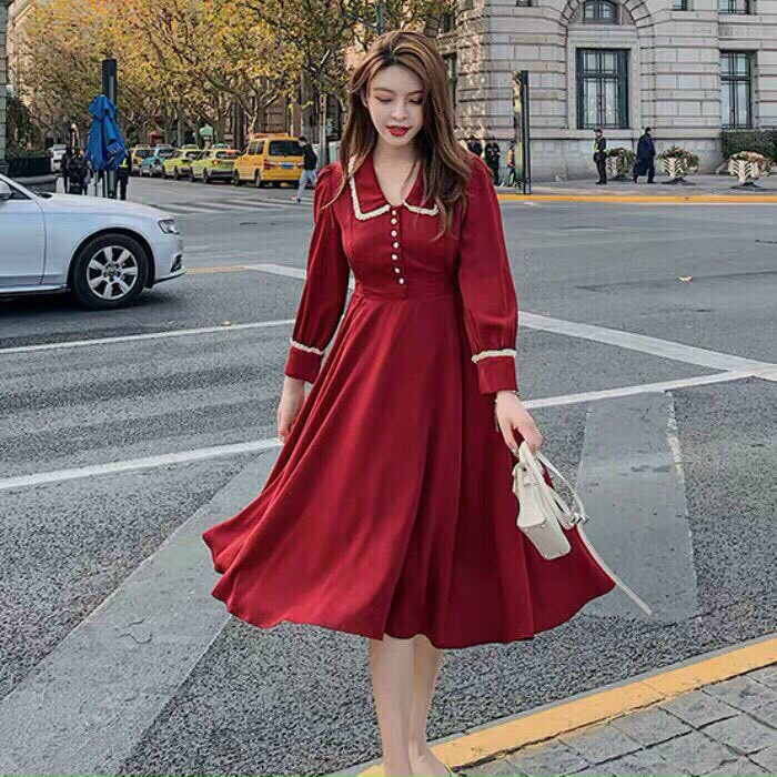 [8.8 Sales Freeship] Đầm nữ dài tiểu thư phong cách vintage, đầm tay dài phối nút cổ bèo ren thanh lịch, sang trọng