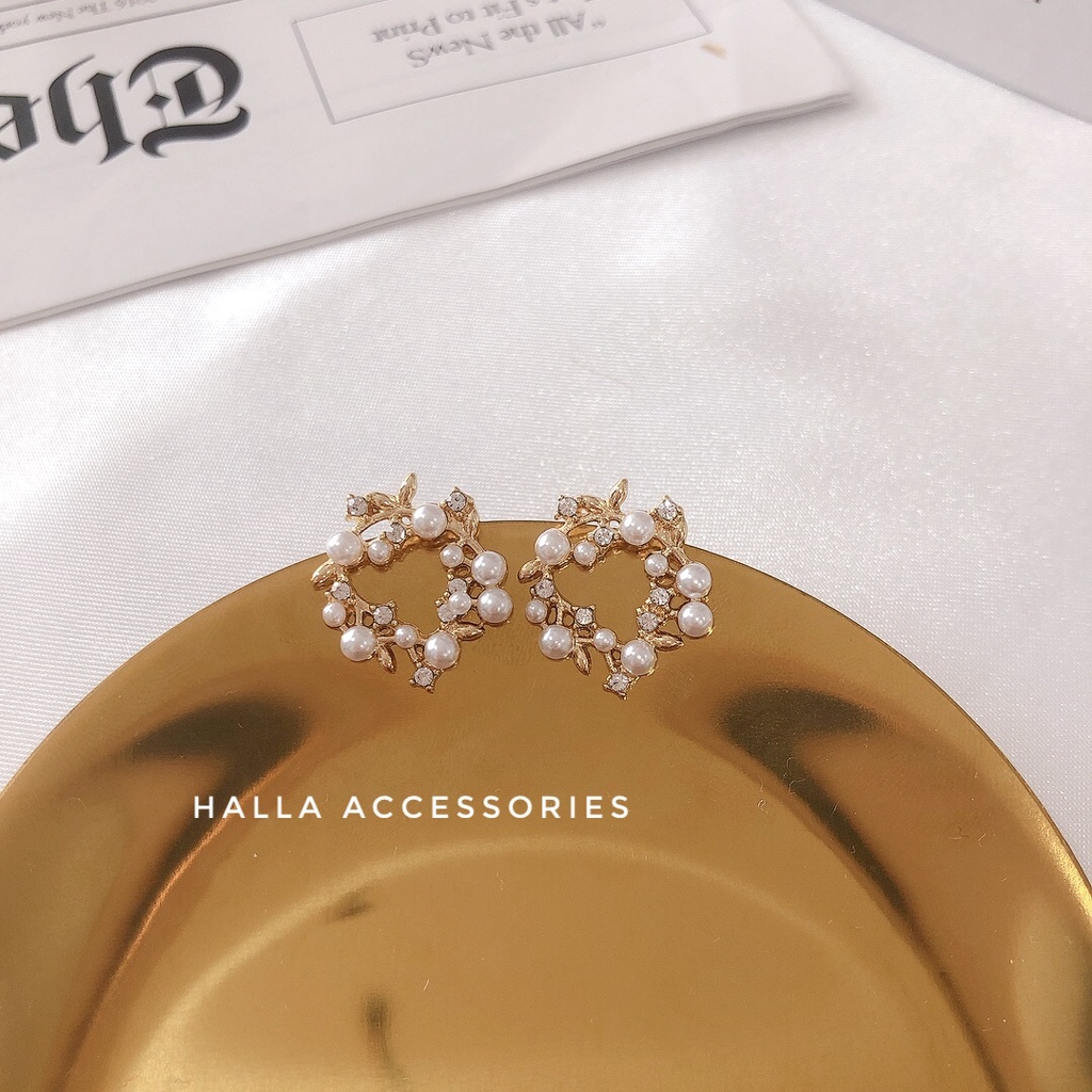 Khuyên tai chuôi bạc S925 Hình hoa nguyệt quế đính đá cao cấp HALLA BT142