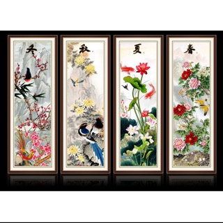 Bộ 4 tranh dán tường tứ quý Đào - Cúc - Sen - Mẫu Đơn