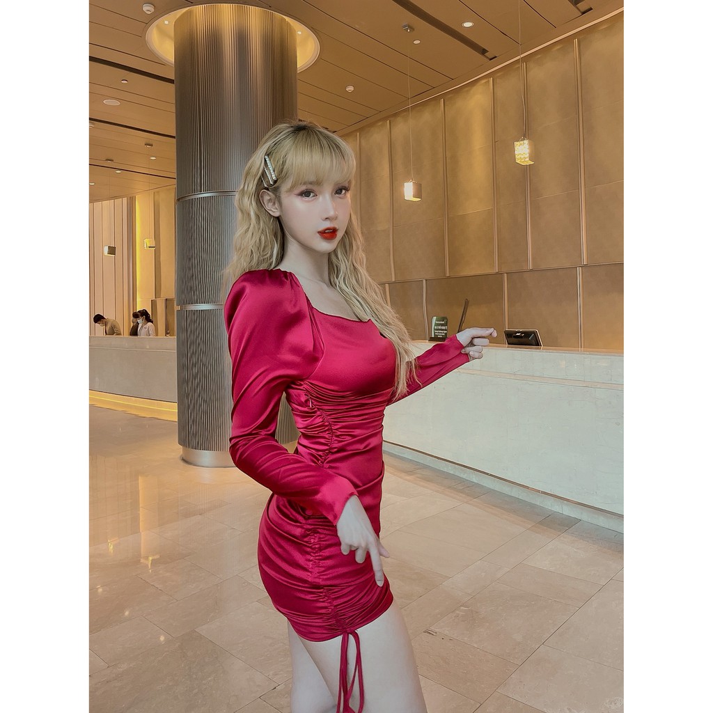 Váy Lụa Body Tay Dài Dây Rút LSEOUL V1000 Tôn Dáng Quyến Rũ Phù Hợp Đi Tiệc