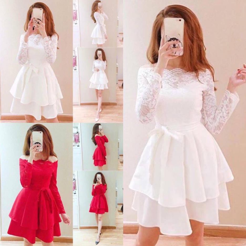 Đầm dự tiệc trễ vai, đầm ren xòe dự tiệc đi đám cưới đẹp lộng lẫy Đẹp *