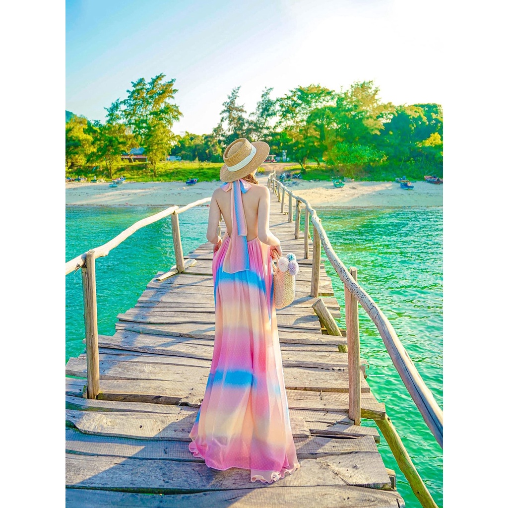 Maxi loang màu cầu vòng cổ yếm đầm loang sang xịn có mút ngực sống ảo cực chất xinh đẹp