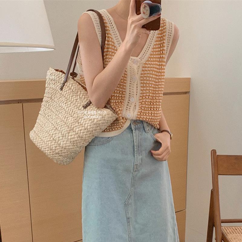 NZN Áo Dệt Kim Nữ Sát Nách Cổ Chữ V Phong Cách Retro Hàn Quốc Hiện Có 4 Màu