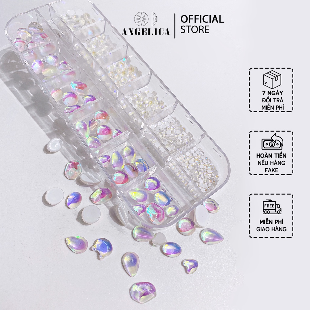 Khay Đá Mắt Mèo Mix Đá Chân Lưới, Chân Keo Đính Nail Màu Pha Lê Trang Trí Móng ANGELICA M12-DMMCL