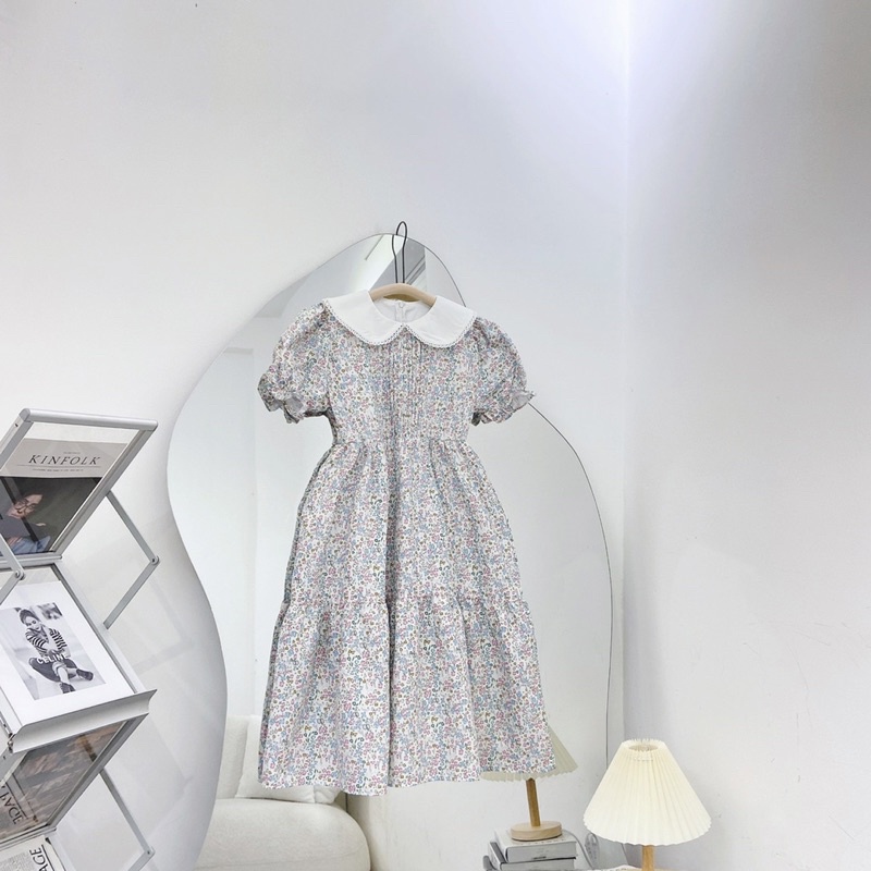 ĐẦM BBD HOA CỔ SEN TRẮNG NGỰC XẾP LY