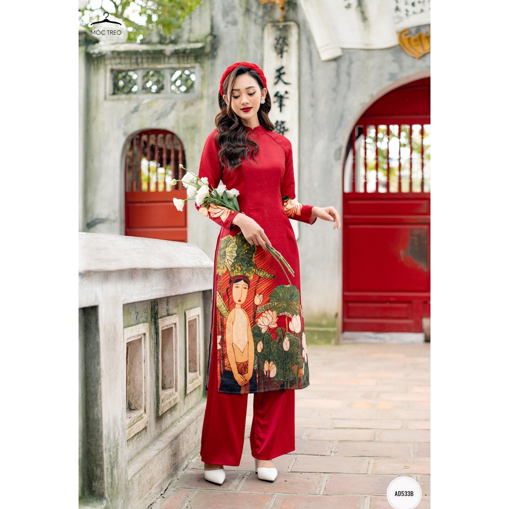 SET Áo dài gấm đỏ hoa sen cao cấp - AODAI collection 2021 (áo dài gấm đỏ và quần lụa cao cấp)