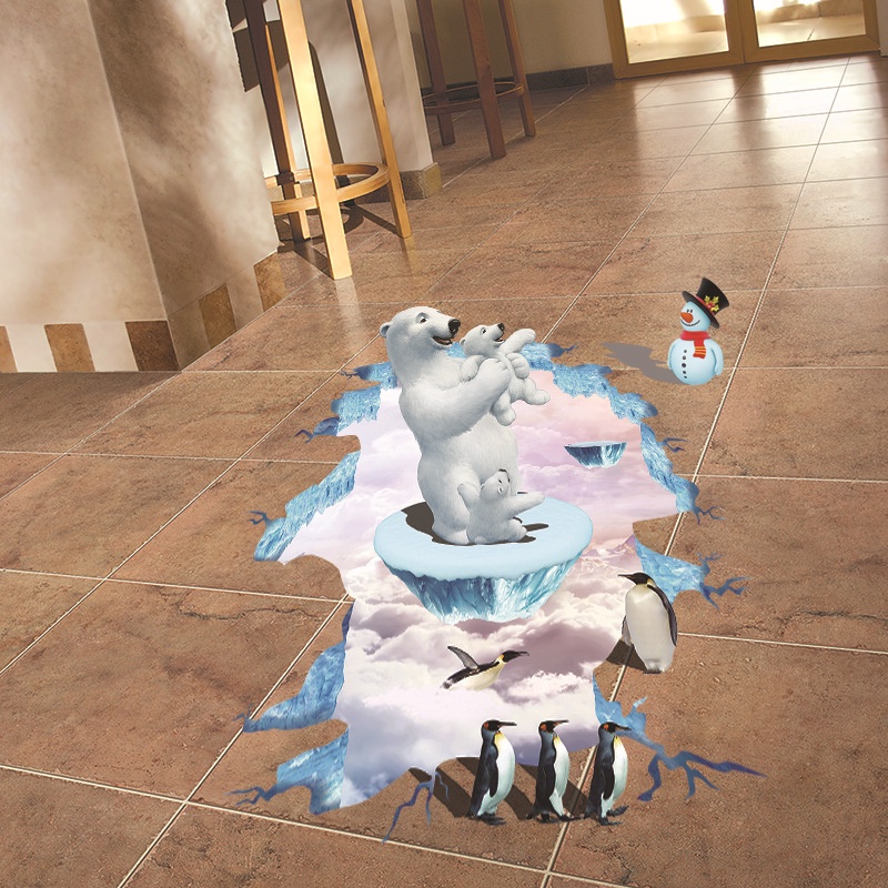 Decan dán tường, decan 3D hình gấu bắc cực và chim cánh cụt XL8127