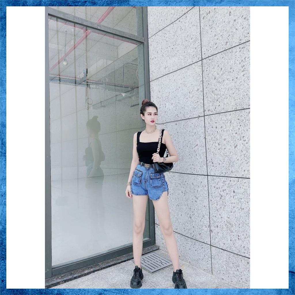 [Mã HUONGZOZO giảm 10K đơn 499K] Quần shorts jeans trơn, quần sooc bò lưng cao túi hộp xẻ sườn. Mã S0115