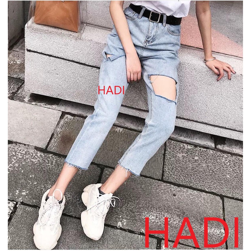 [ HÌNH THẬT GIÁ RẺ!!! ] QUẦN BAGGY JEAN NỮ CAO CẤP HADI LƯNG SIÊU CAO MÀU XANH NHẠT LAI TUA RÁCH VẠT VUÔNG CỰC KÌ HOT CỰ