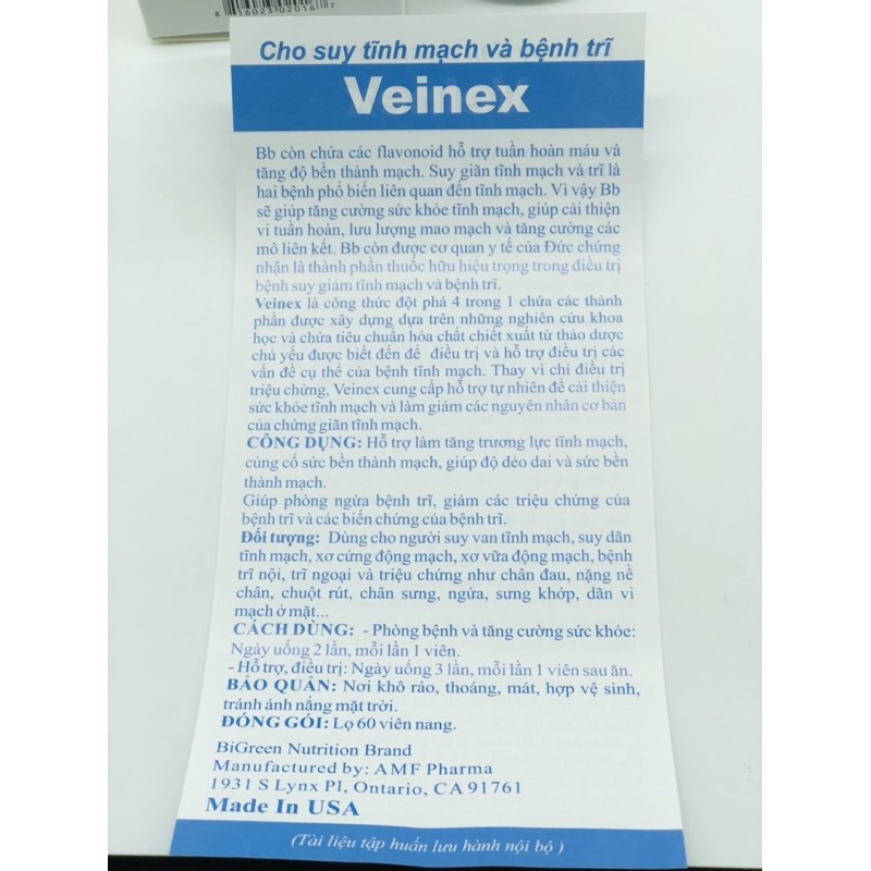 VEINEX- VIÊN UỐNG GIẢI QUYẾT CÁC VẤN ĐỀ TĨNH MẠCH VÀ TRĨ LỌ 60 viên | BigBuy360 - bigbuy360.vn