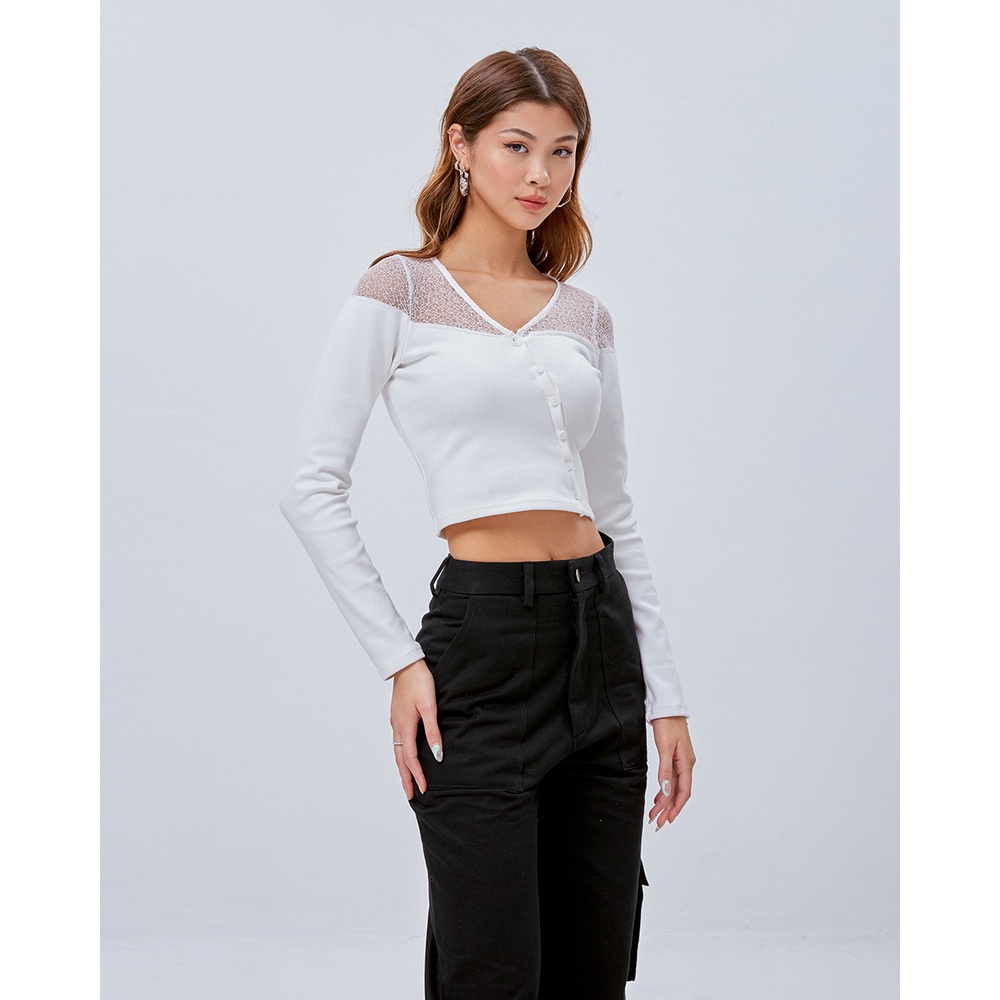 [Mã BMLT35 giảm đến 35K đơn 99K] Áo thun croptop Shebyshj tay dài phối ren cổ màu trắng - White Allie Top