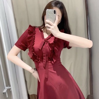 Đầm váy đỏ cổ V phối dập li (kèm hình thật)