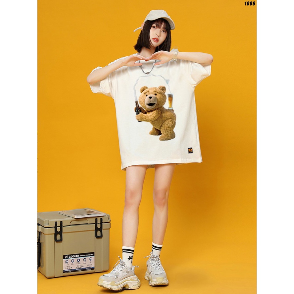 Áo thun form rộng unisex Gấu rót bia 1006 tay lỡ HY KOREA