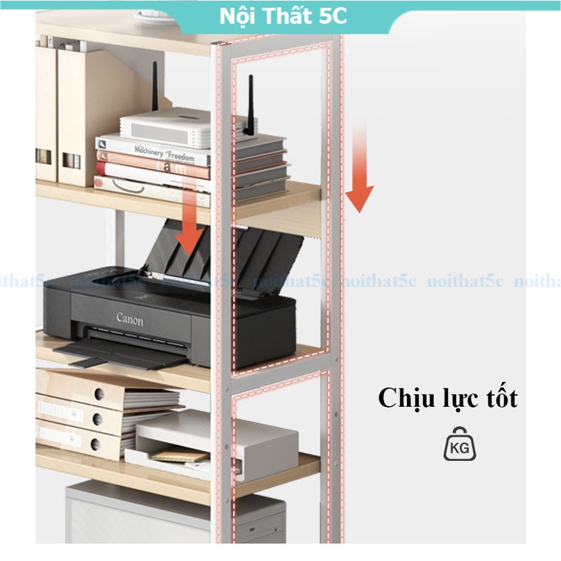 Giá sách khung sắt 5 tầng màu gỗ sáng, kệ để sách mặt gỗ MDF dễ lau chùi có bánh xe di chuyển thông minh
