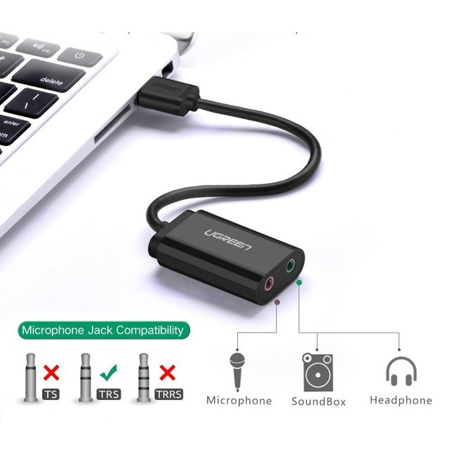 Dây Cáp USB 2.0 Sound Ra 2 Cổng Mic+ Tai Nghe ( không cần driver- đen)- Chính Hãng Ugreen 30724