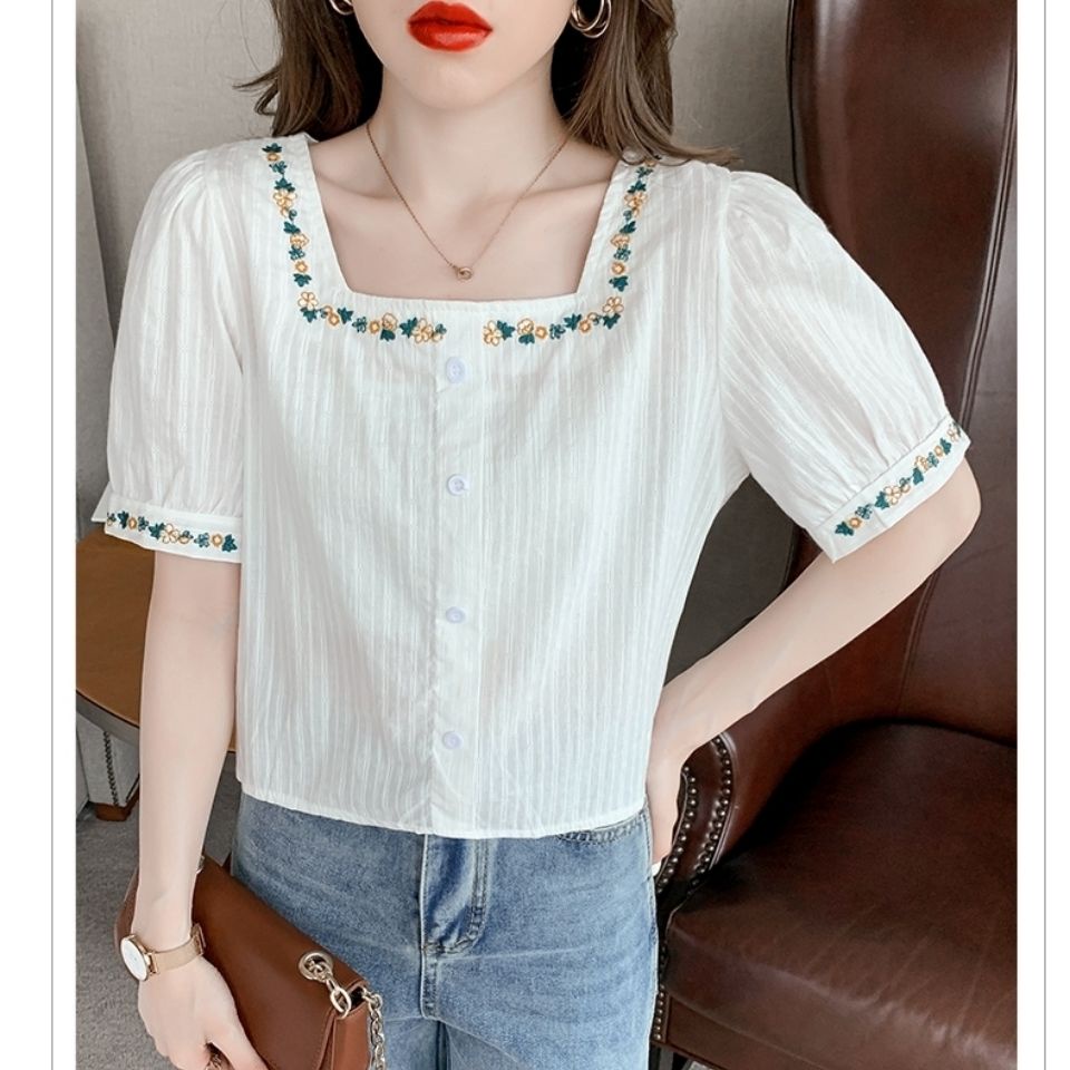 Áo sơ mi cổ vuông dáng rộng thêu họa tiết thời trang phong cách Hàn Quốc cho nữ