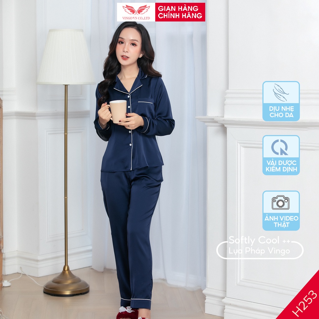 Bộ Đồ Pyjama nữ mặc nhà VINGO tay dài quần dài Lụa Pháp trơn cao cấp mùa Thu Đông H253 VNGO - TDQD