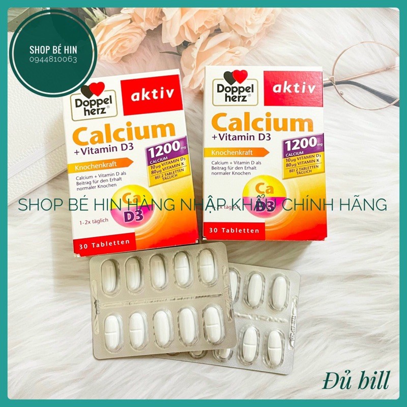 (Bill Đức, 30/40 viên) Viên uống bổ sung Canxi Doppelherz Calcium Vitamin D3 1200mg, hàng Đức, Shop Bé Hin