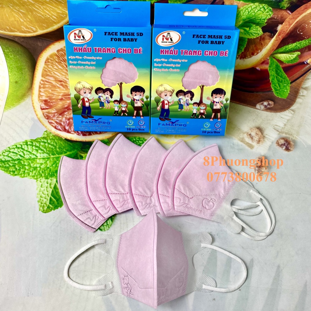 Khẩu trang FAMAPRO 5D BABY TRƠN cho bé 3 lớp kháng khuẩn 10 cái / Hộp Trắng / Xanh / Hồng