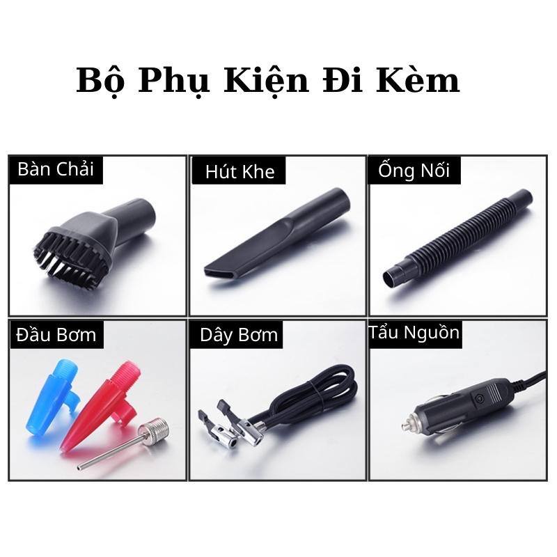 Máy Hút Bụi Kiêm Bơm Lốp Ô Tô 4 Trong 1  Có Đèn Led, Đo Áp Suất Lốp Chính Xác
