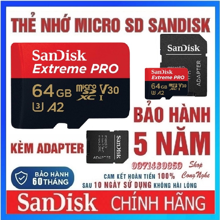 Thẻ nhớ MicroSD Sandisk 32G 64G Extreme Pro tốc độ cao 4K cho camera, flycam