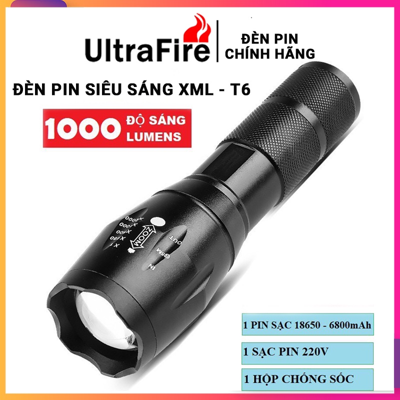 Đèn pin xml t6 2 loại pin ⭐ Đèn pin siêu sáng Ultrafire Xml T6 ⭐ chiếu xa chống nước tuyệt đối - Bảo hành uy tín
