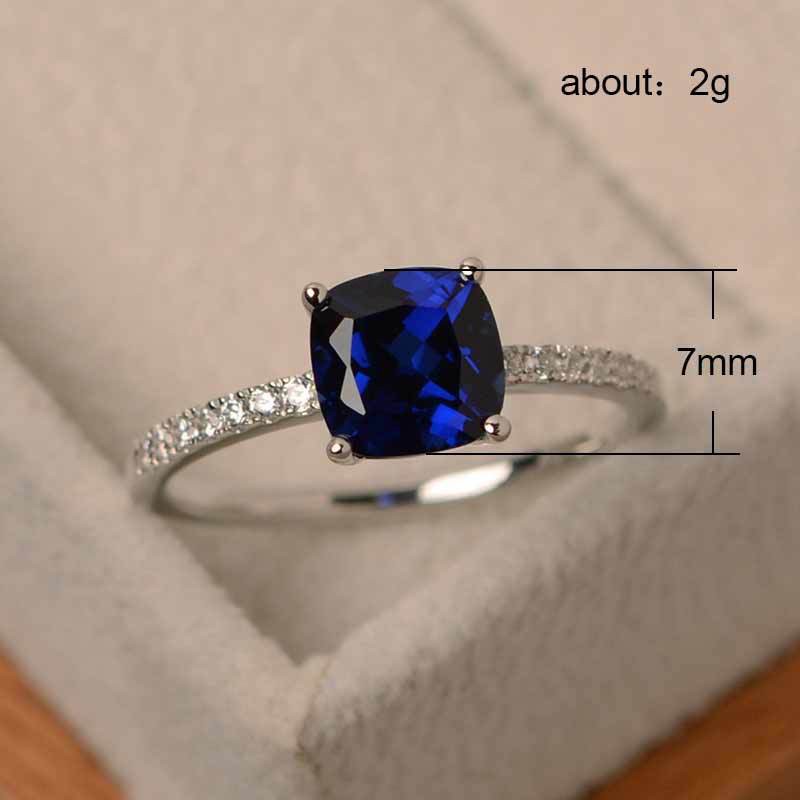 Micro-set zircon sapphire blue square diamond ring female European and American simple engagement ring