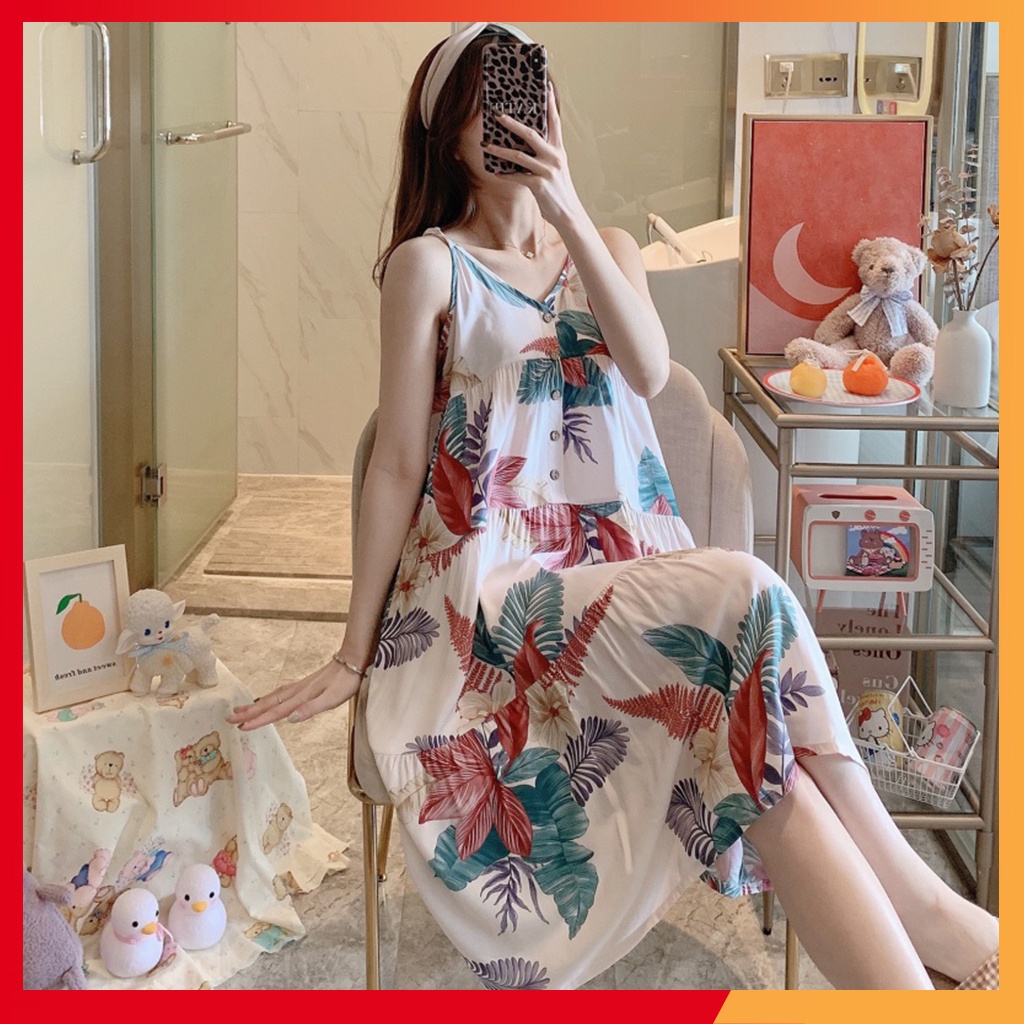 Đầm ngủ 2 dây, đầm mặc nhà hoạ tiết hoa chất liệu cotton lụa mềm mịn Vn30