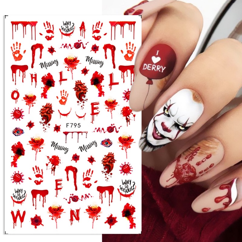 Miếng Dán Trang Trí Móng Tay Hình Đầu Lâu Nhện Máu Rắn Máu Đen Phong Cách Halloween Sáng Tạo DIY