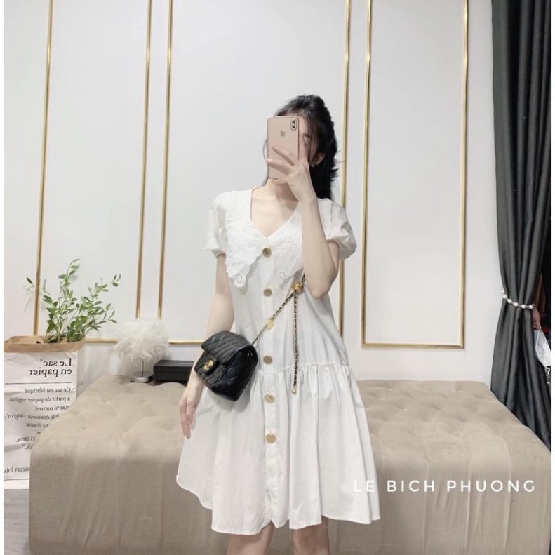Váy baby doll ,  váythiết kế cổ yếm phối ren sẵn màu nâu tây-XIAOMIMI