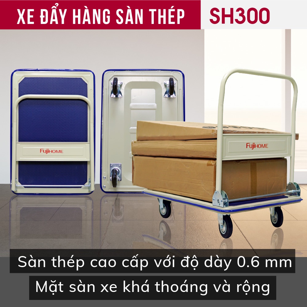 Xe đẩy hàng 4 bánh gấp gọn 300kg Nhập Khẩu FUJIHOME Nhật Bản, xe kéo hàng xếp gọn bánh cao su platform hand truck