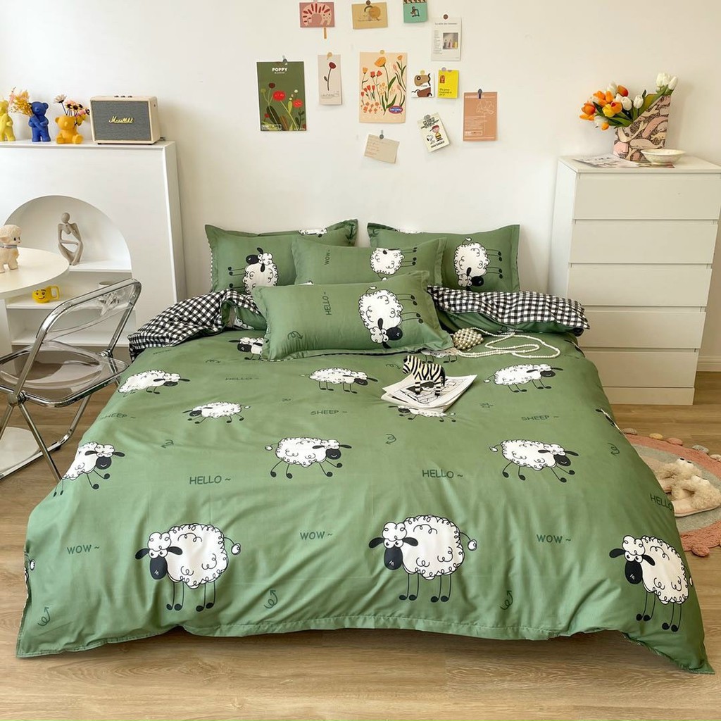 Bộ chăn ga gối cotton poly phong cách Hàn quốc đủ size bo chun - Mẫu cừu xanh