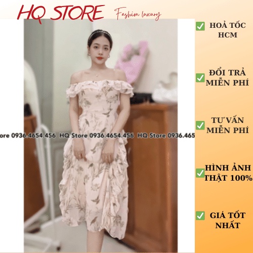 Đầm maxi đi biển voan in lá bẹt vai bèo, váy maxi 2s trong có mút và dây keo lưng kèm hình thật - Maxi HQ store