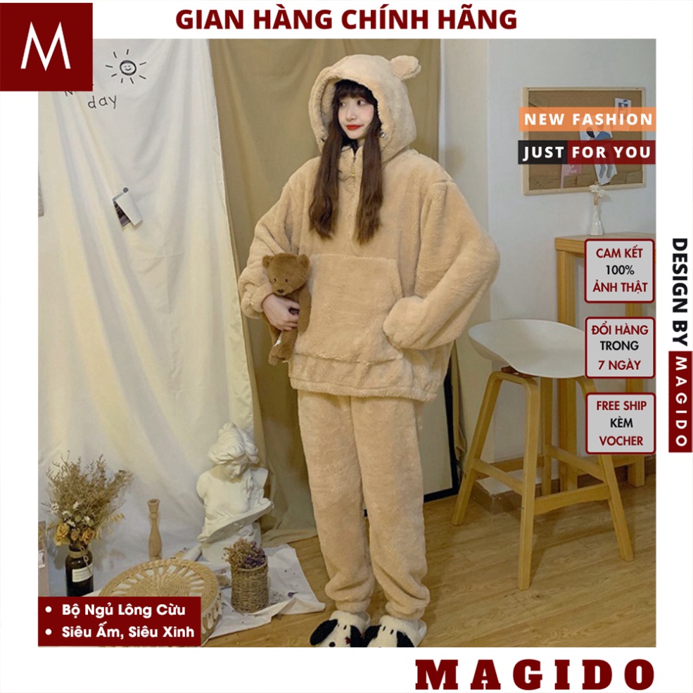 Bộ Ngủ Lông Cừu Mũ Tai Gấu Siêu Xinh, Bộ quần ao ngủ nữ mùa đông ấm áp dày dặn 2 màu Be Nâu, áo lông nữ, MAGIDO