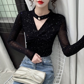 Áo kiểu tay dài cổ chữ v phối lưới lấp lánh thời trang cho nữ