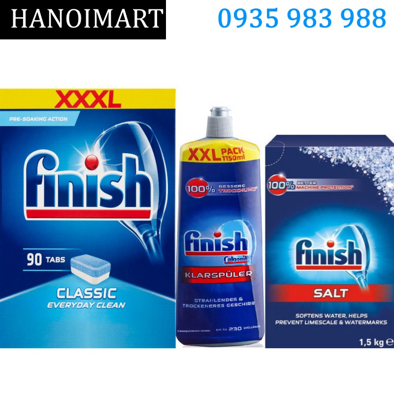 Combo Viên rửa chén Finish 90 tabs + Muối rửa chén Finish 1.5kg + Nước làm bóng finish 1150ml