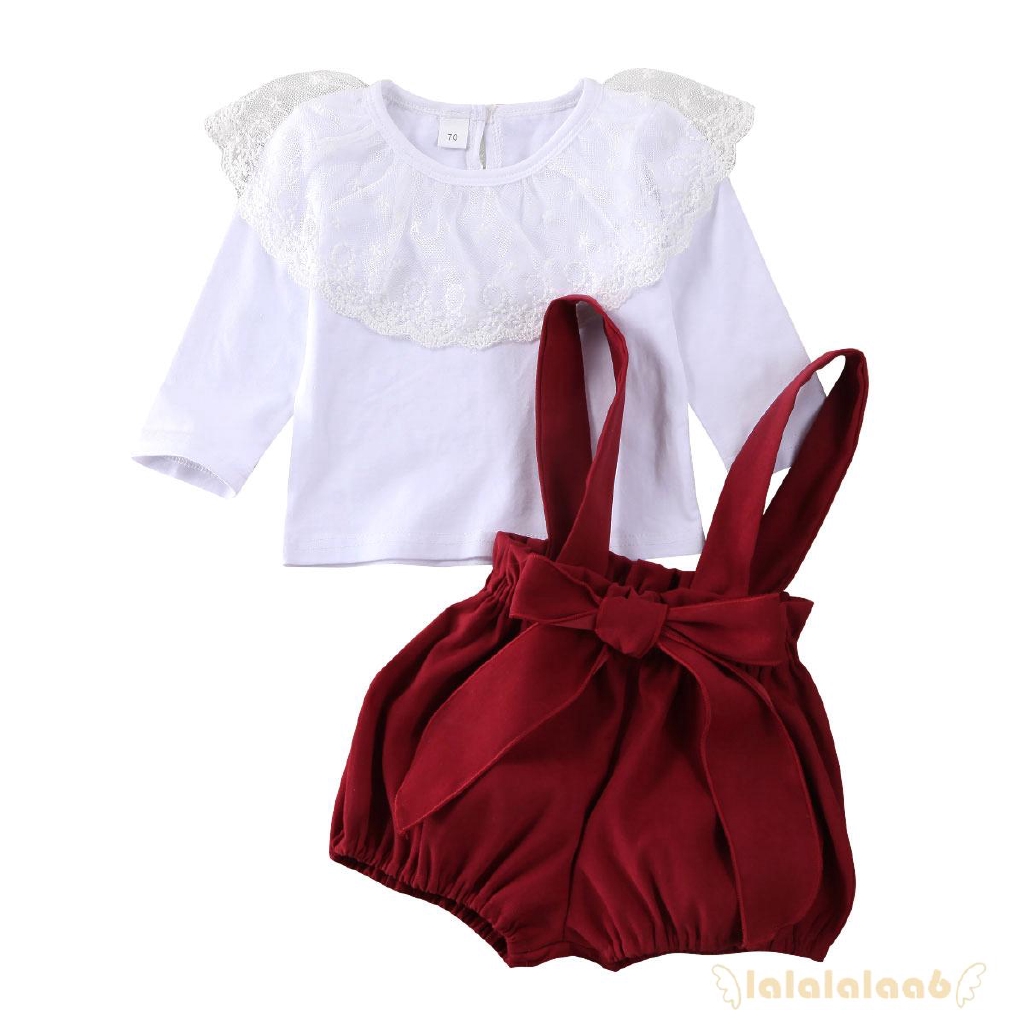 Set áo tay dài phối bèo + quần yếm ngắn dành cho bé gái