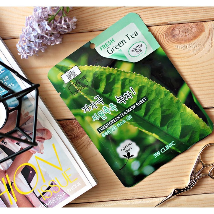 Bịch 10 Túi Mặt nạ giấy dưỡng trắng da chiết xuất Trà Xanh - 3W Clinic Fresh Green Tea Mask Sheet - Hàn Quốc 23mlx10