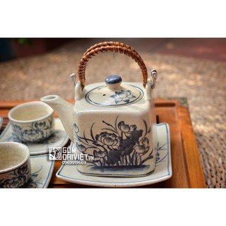 Bộ ấm chén uống trà Bát Tràng men rạn cổ vẽ sen dáng vuông