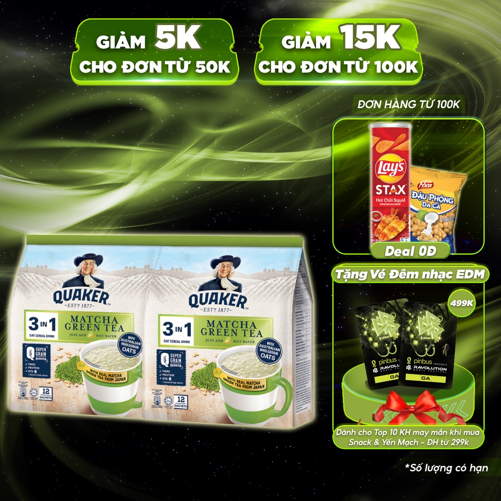 [Mã GRO1APR giảm 20K đơn 150K] Combo 2 Túi Thức uống yến mạch Quaker 3in1 Vị Matcha 336g/túi