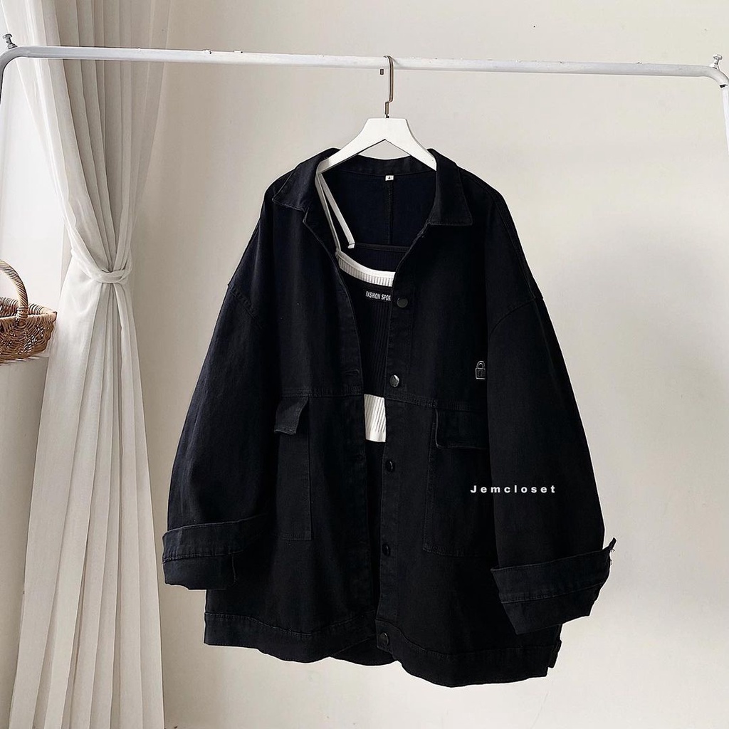 Áo Khoác Jean Nữ Form Rộng JEM CLOSET Áo Khoác Bò Nữ Màu Đen Có Hình Thêu Trước Ngực Mix Đồ Đa Dạng TINNAL 1965
