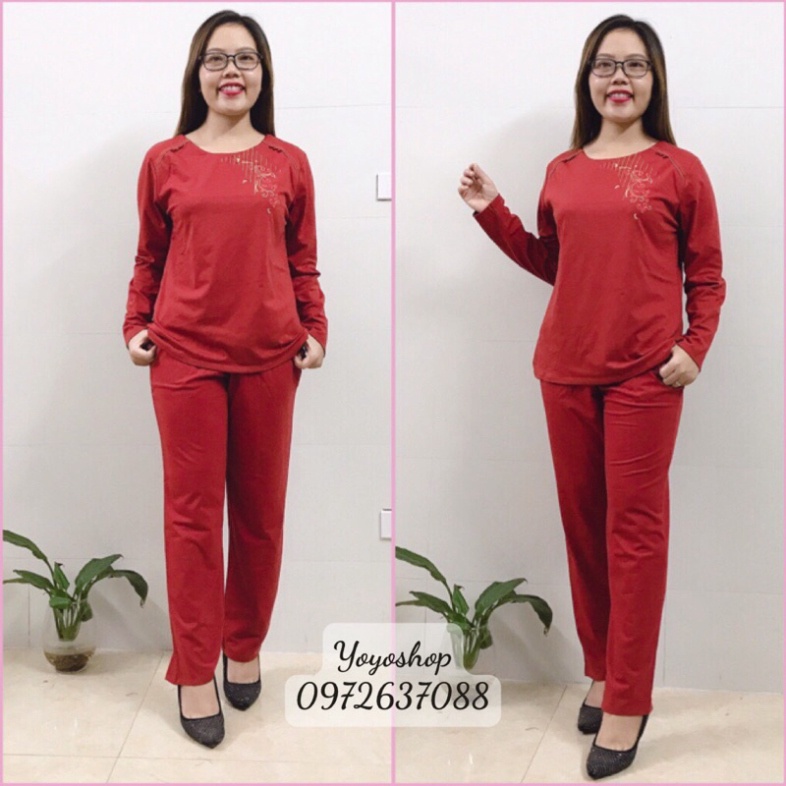 Bộ Mặc Nhà Trung Niên Thu Đông Chất Cotton Dài Tay- Bộ Mặc Nhà Cho Mẹ Cho bà Hình Thêu